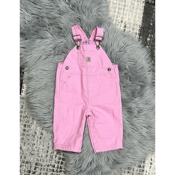 Carhartt Toddler Pink Size 6M Bib Overalls Plaid Design Strong Cotton Pockets - Picture 2 of 5